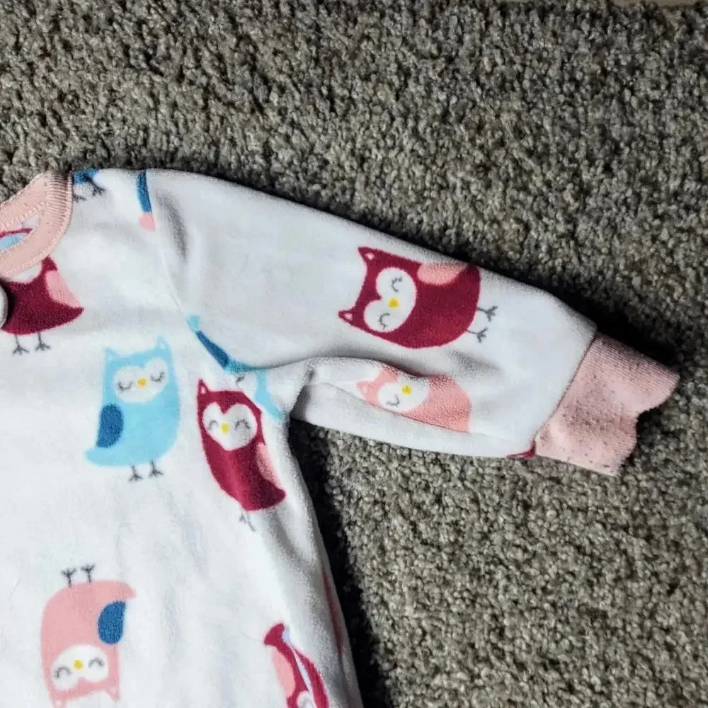 CARTER'S Baby Girl Owl Fleece Footed Pajamas White Pink Blue Size 6m